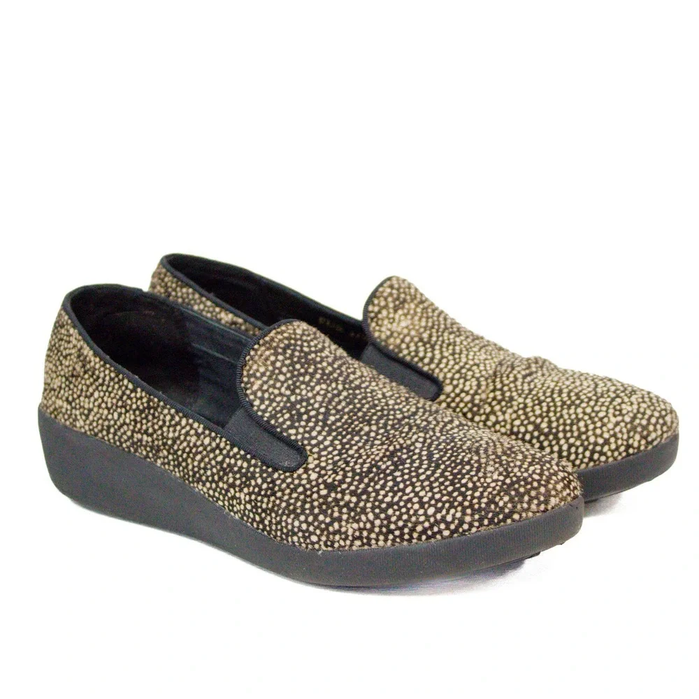 FitFlop Supercomff Womens Pony Hair Speckled Animal Print Slip On Loafers Size 7